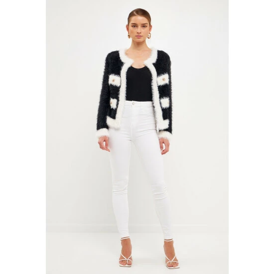 Endless Rose Shank Button With Color Block Cardigan Sweatshirts & Sweaters Fuchsia Combo - Image 2