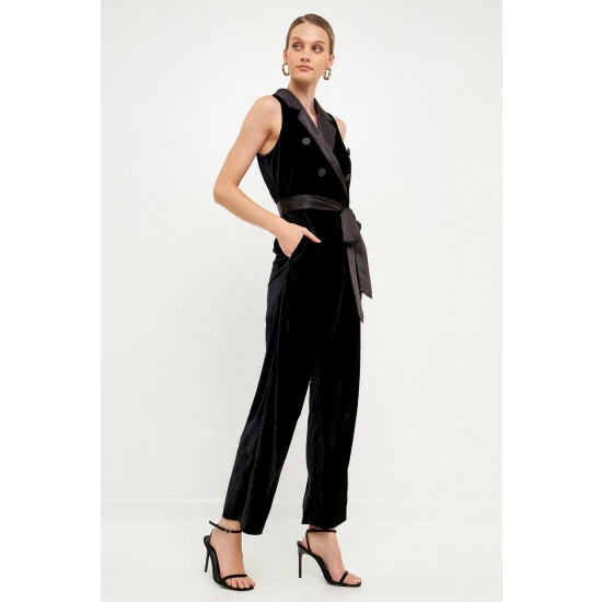 Endless Rose Satin Collar Velvet Jumpsuit Jumpsuits & Rompers Black - Image 3