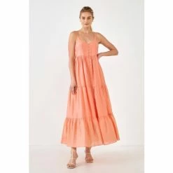 Endless Rose Button Detail Tiered Midi Dress Dresses Coral