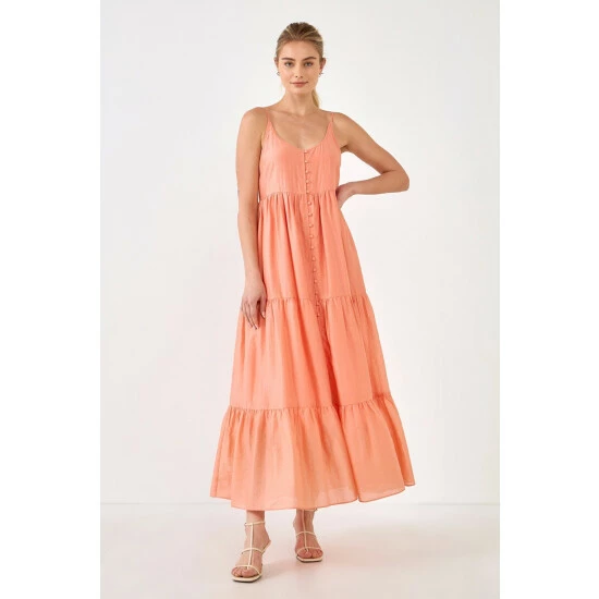 Endless Rose Button Detail Tiered Midi Dress Dresses Coral