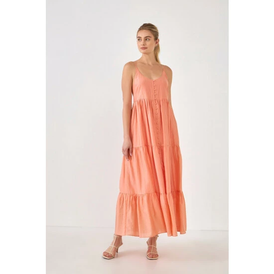 Endless Rose Button Detail Tiered Midi Dress Dresses Coral - Image 2