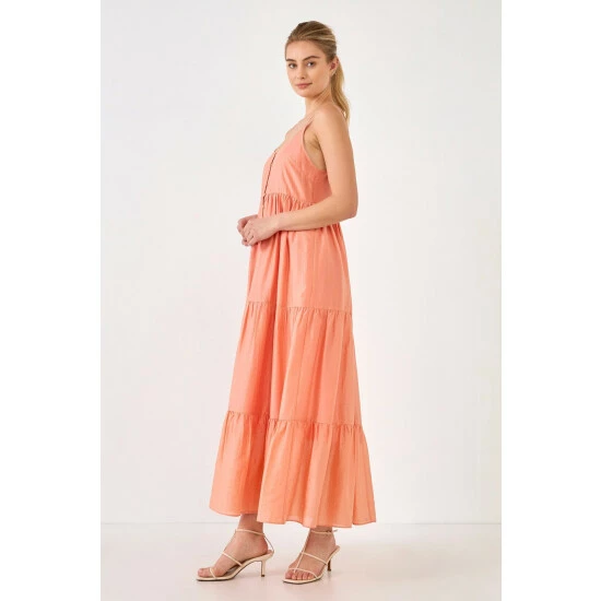 Endless Rose Button Detail Tiered Midi Dress Dresses Coral - Image 3