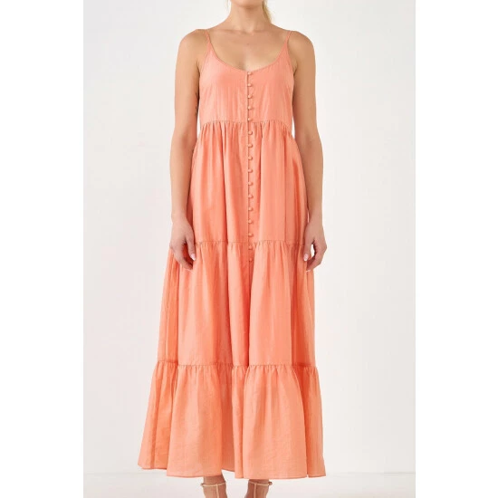 Endless Rose Button Detail Tiered Midi Dress Dresses Coral - Image 5