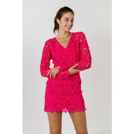 Endless Rose All Over Lace Long Sleeves Mini Dress Dresses Fuchsia