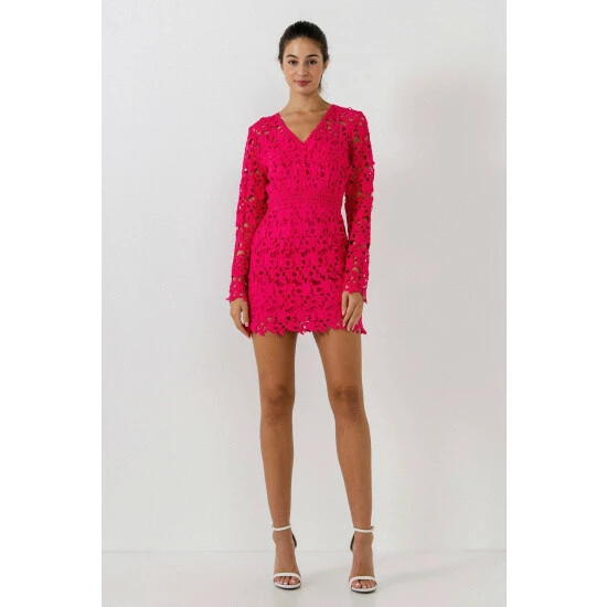 Endless Rose All Over Lace Long Sleeves Mini Dress Dresses Fuchsia - Image 2