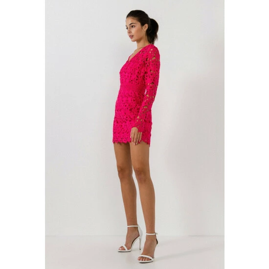 Endless Rose All Over Lace Long Sleeves Mini Dress Dresses Fuchsia - Image 3