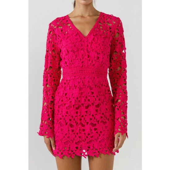 Endless Rose All Over Lace Long Sleeves Mini Dress Dresses Fuchsia - Image 5