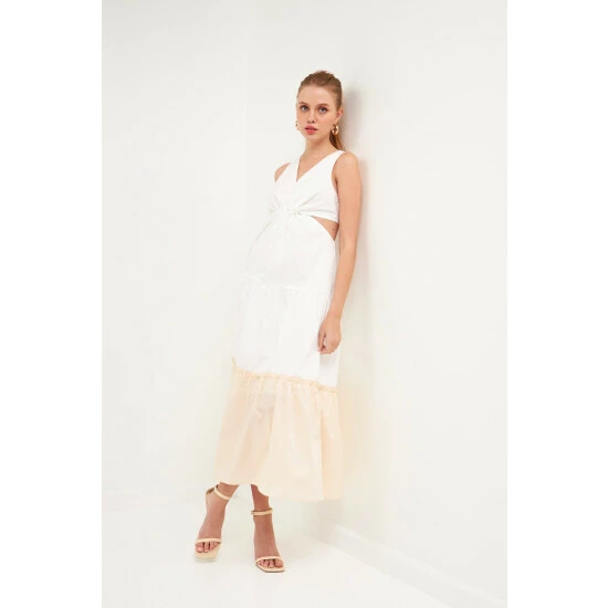 Endless Rose Twist Cut Out Color Block Maxi Dress Dresses Beige Combo