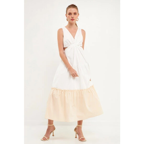 Endless Rose Twist Cut Out Color Block Maxi Dress Dresses Beige Combo - Image 2