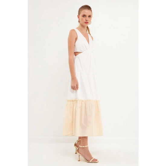 Endless Rose Twist Cut Out Color Block Maxi Dress Dresses Beige Combo - Image 3