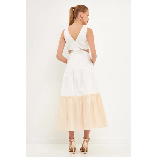 Endless Rose Twist Cut Out Color Block Maxi Dress Dresses Beige Combo - Image 4