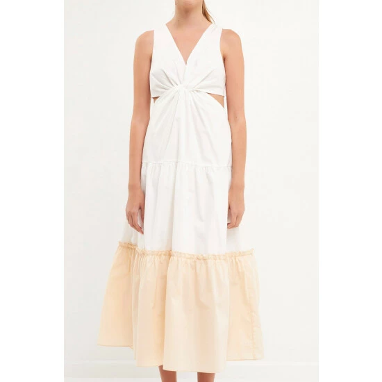 Endless Rose Twist Cut Out Color Block Maxi Dress Dresses Beige Combo - Image 5
