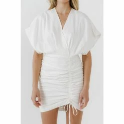 Endless Rose Stretch Linen Shirred Mini Dress Dresses White