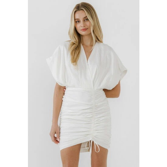 Endless Rose Stretch Linen Shirred Mini Dress Dresses White - Image 2