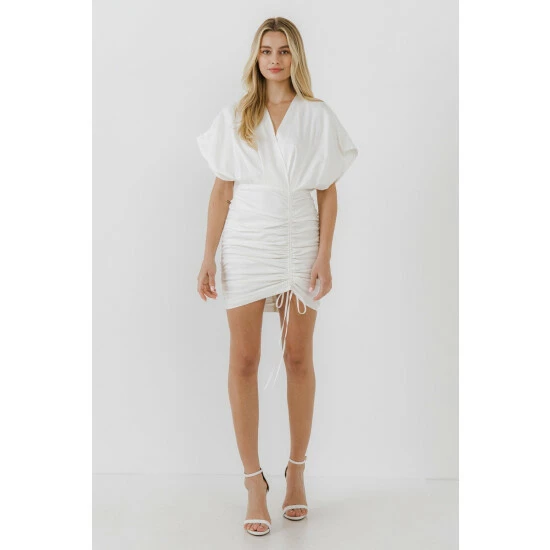 Endless Rose Stretch Linen Shirred Mini Dress Dresses White - Image 3