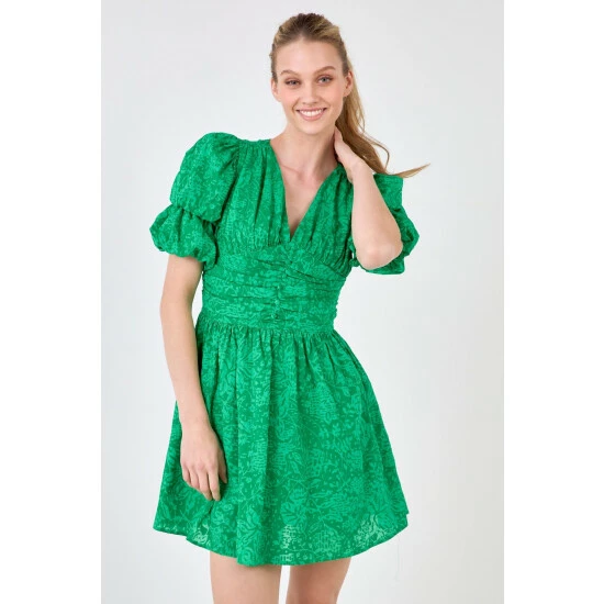 Endless Rose Floral Puff Sleeves Dress With Ruched Waist Dresses Green