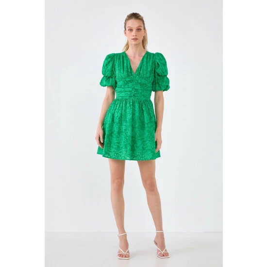 Endless Rose Floral Puff Sleeves Dress With Ruched Waist Dresses Green - Image 2