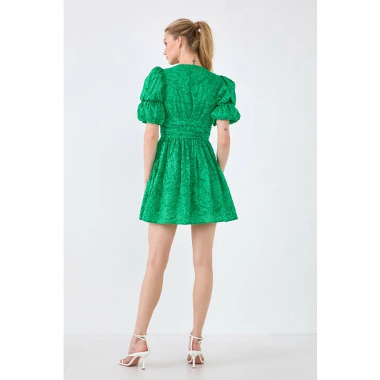 Endless Rose Floral Puff Sleeves Dress With Ruched Waist Dresses Green - Image 4