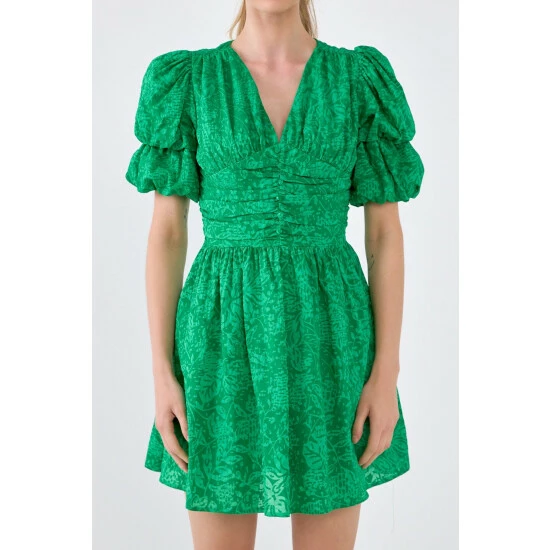 Endless Rose Floral Puff Sleeves Dress With Ruched Waist Dresses Green - Image 5