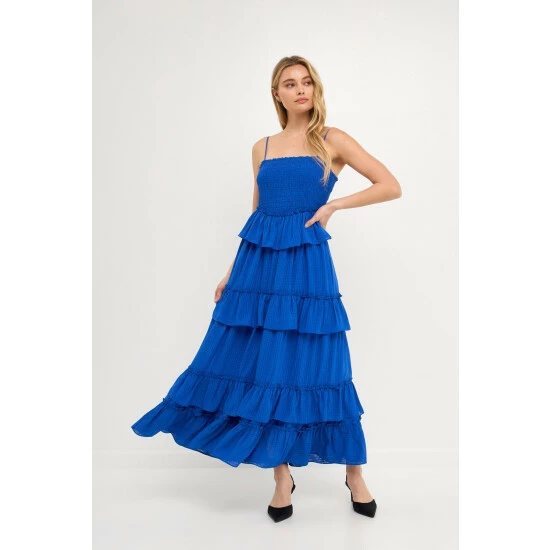 Endless Rose Multi Tiered Mini Gingham Maxi Dress Dresses Cobalt Blue