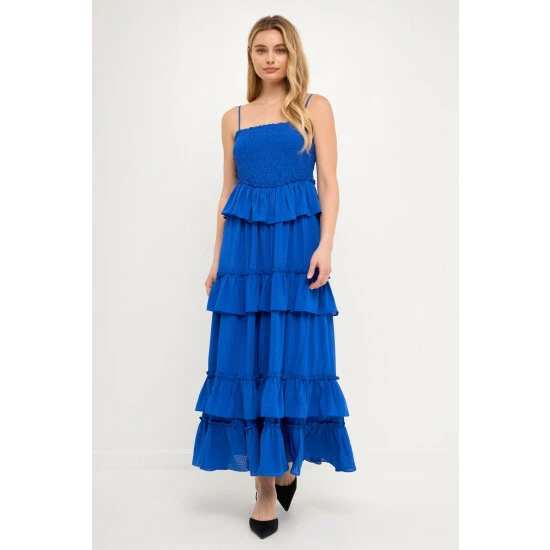 Endless Rose Multi Tiered Mini Gingham Maxi Dress Dresses Cobalt Blue - Image 2