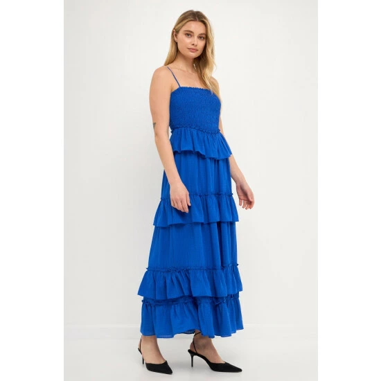 Endless Rose Multi Tiered Mini Gingham Maxi Dress Dresses Cobalt Blue - Image 3