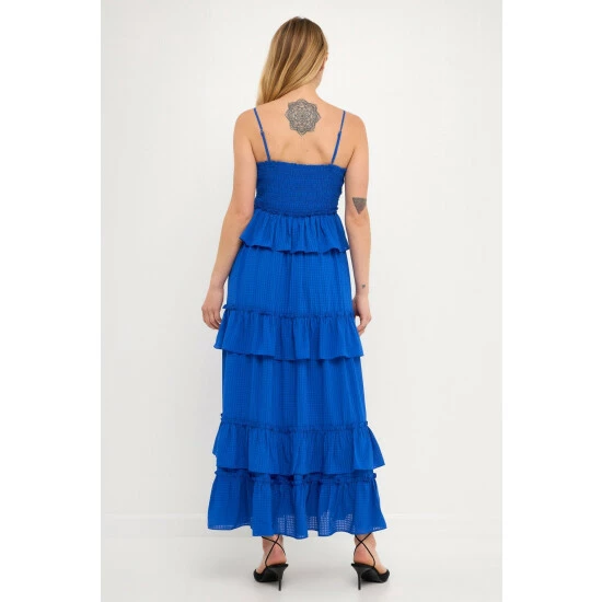 Endless Rose Multi Tiered Mini Gingham Maxi Dress Dresses Cobalt Blue - Image 4