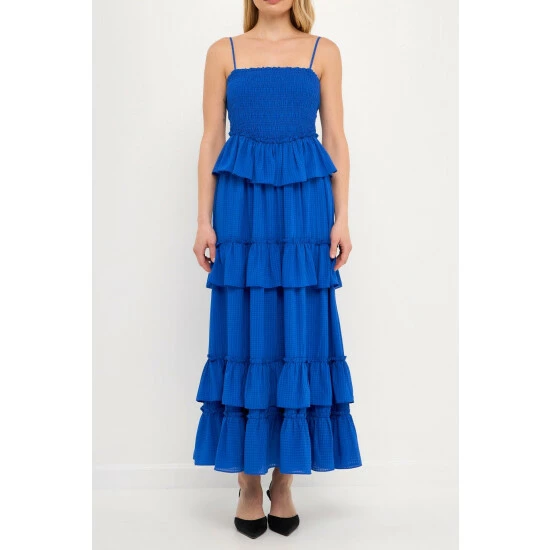 Endless Rose Multi Tiered Mini Gingham Maxi Dress Dresses Cobalt Blue - Image 5