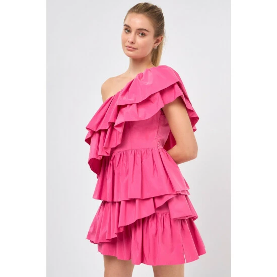 Endless Rose One Shoulder Ruffled Mini Dress Dresses Pink