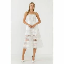 Endless Rose Combination Lace Spaghetti Strap Midi Dresses White