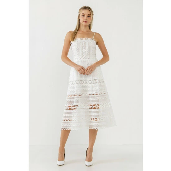 Endless Rose Combination Lace Spaghetti Strap Midi Dresses White