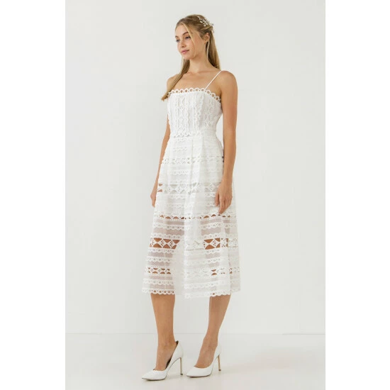 Endless Rose Combination Lace Spaghetti Strap Midi Dresses White - Image 2