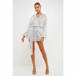 Endless Rose Sequins Wrapped Romper With Belt Jumpsuits & Rompers White