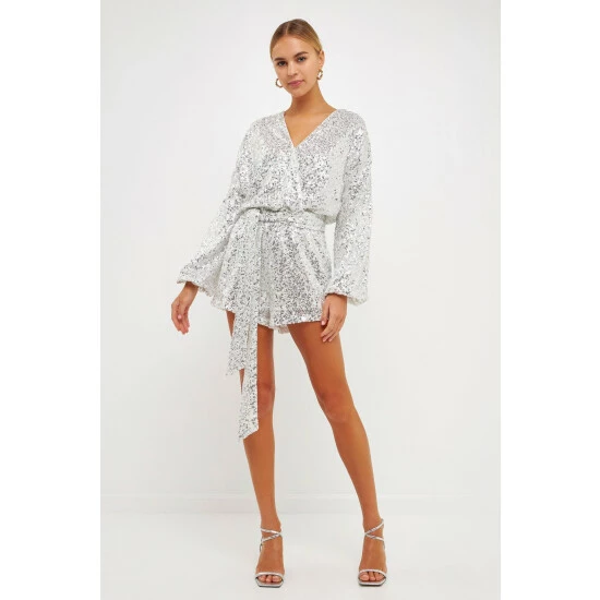 Endless Rose Sequins Wrapped Romper With Belt Jumpsuits & Rompers White