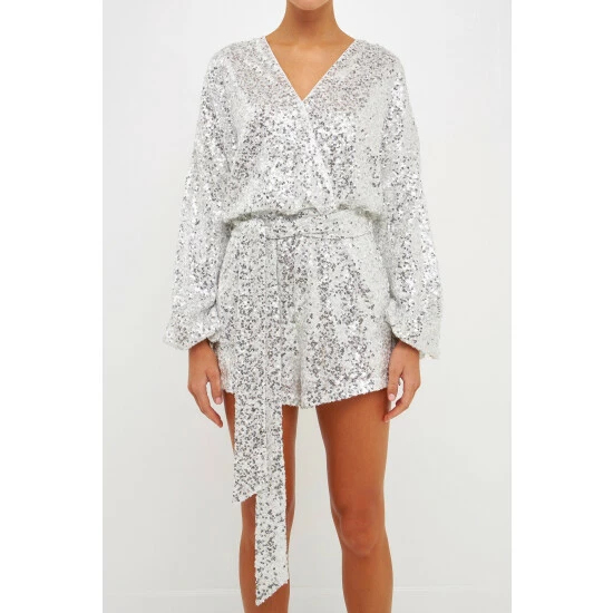 Endless Rose Sequins Wrapped Romper With Belt Jumpsuits & Rompers White - Image 4