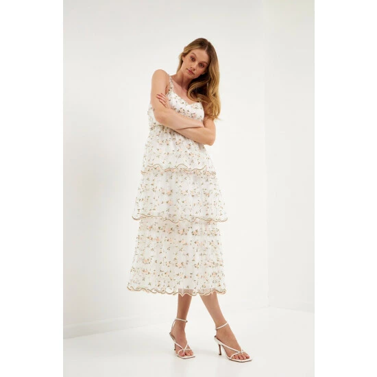 Endless Rose Floral Embroidery Scalloped Hem Tiered Dress Dresses White Multi