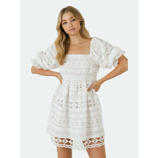 Endless Rose Lace Puff Mini Dress Dresses White