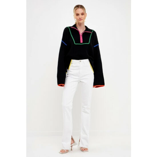Endless Rose Contrast Piping Quarter-Zip Sweater Sweatshirts & Sweaters Black Multi