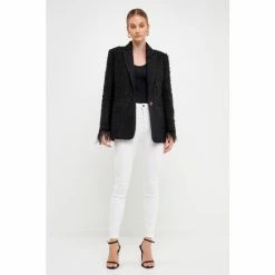 Endless Rose Feather-Trimmed Tweed Blazer Coats, Jackets & Blazers Black