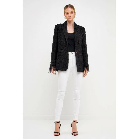 Endless Rose Feather-Trimmed Tweed Blazer Coats, Jackets & Blazers Black