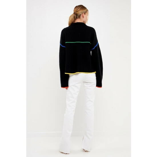 Endless Rose Contrast Piping Quarter-Zip Sweater Sweatshirts & Sweaters Black Multi - Image 3