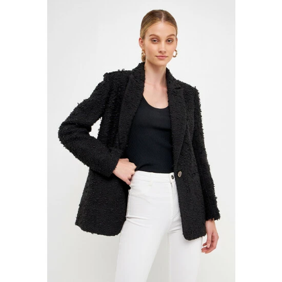 Endless Rose Feather-Trimmed Tweed Blazer Coats, Jackets & Blazers Black - Image 4