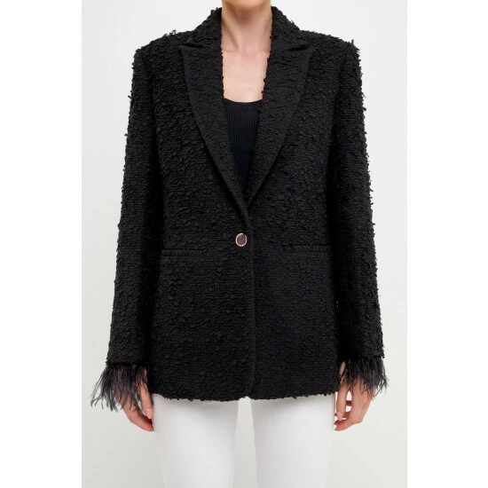 Endless Rose Feather-Trimmed Tweed Blazer Coats, Jackets & Blazers Black - Image 5