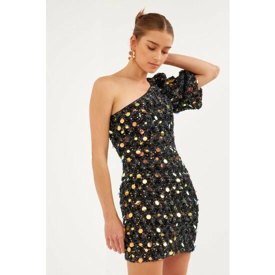 Endless Rose One Shoulder Sequin Mini Dress Dresses Black