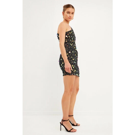 Endless Rose One Shoulder Sequin Mini Dress Dresses Black - Image 3