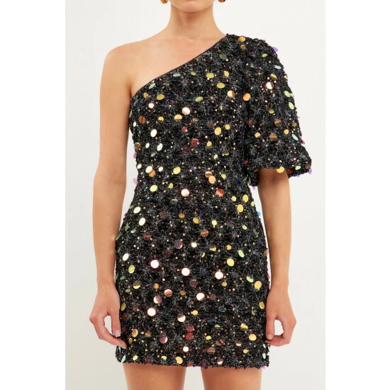 Endless Rose One Shoulder Sequin Mini Dress Dresses Black - Image 5