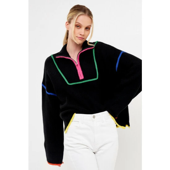 Endless Rose Contrast Piping Quarter-Zip Sweater Sweatshirts & Sweaters Black Multi - Image 4