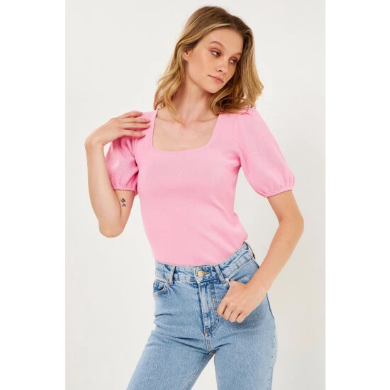 Endless Rose Knit Square Neck Puff Top Tops White