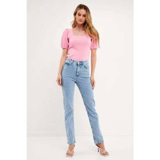 Endless Rose Knit Square Neck Puff Top Tops White - Image 3