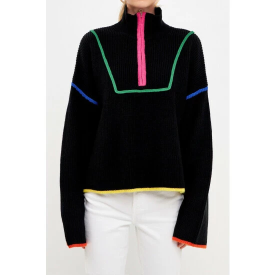 Endless Rose Contrast Piping Quarter-Zip Sweater Sweatshirts & Sweaters Black Multi - Image 5